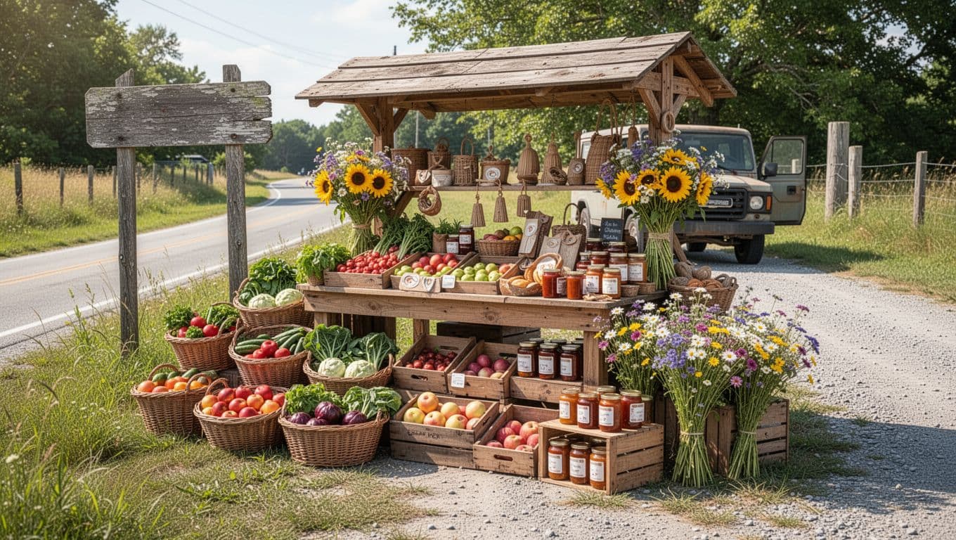 Roadside farm market with fresh produce and flowers during a scenic road trip.