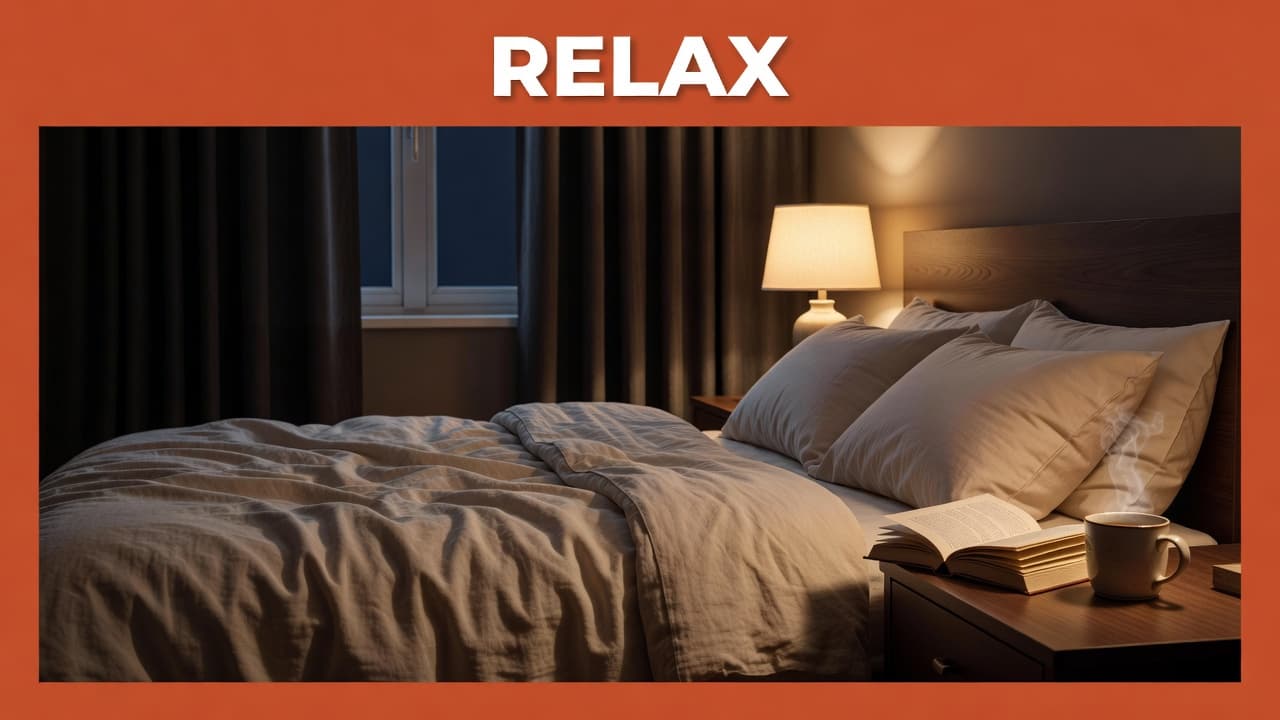 A warm bedroom at night with a made bed, book, and tea on the nightstand.