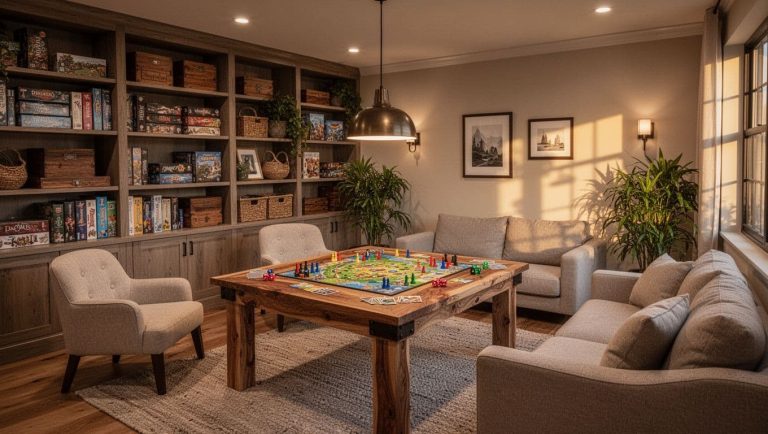 Cozy home game room with a large wooden board game table, comfortable seating, and built-in shelves filled with board games.