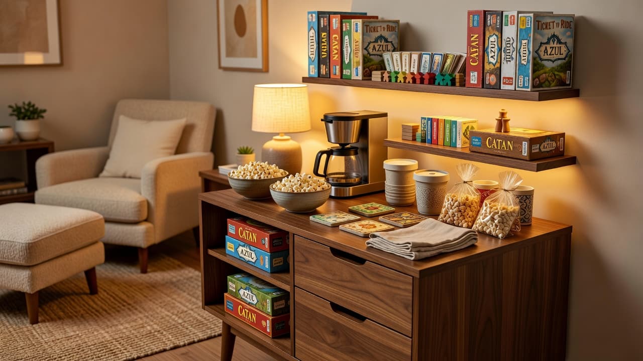 Home game room snack station with popcorn, coffee maker, drinks, board games, and organized storage on a wooden cabinet.