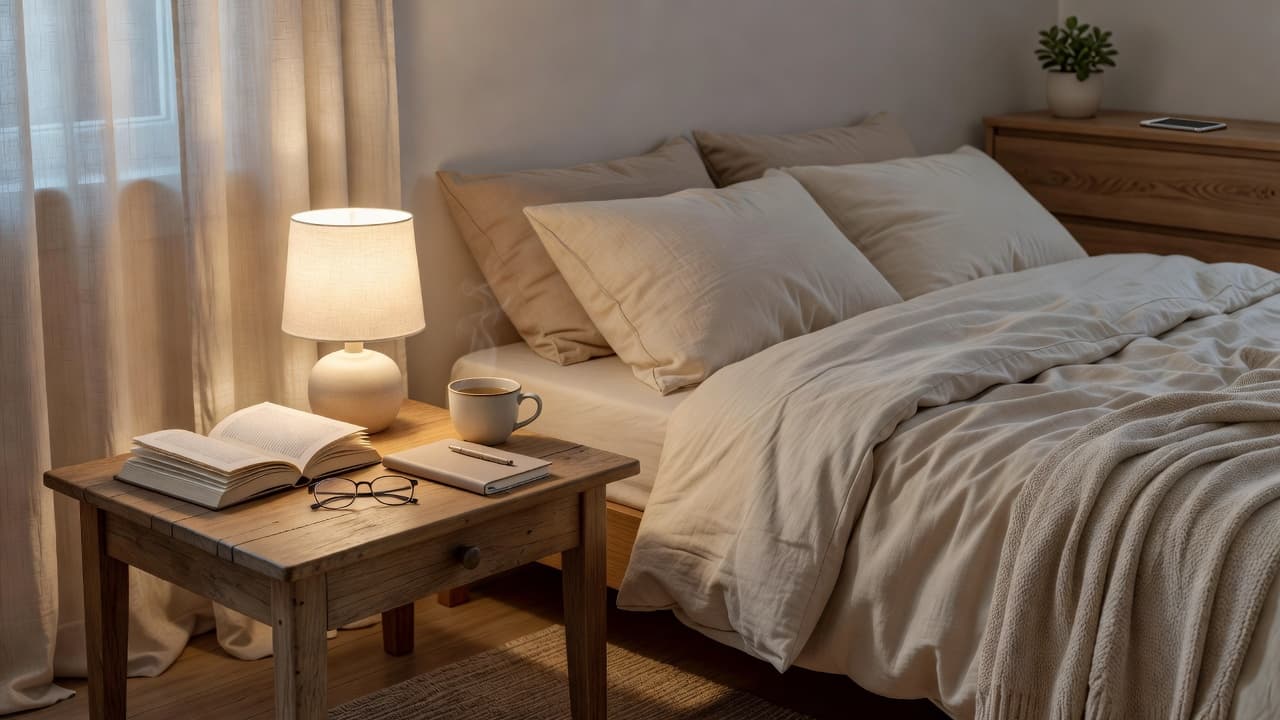 Cozy bedroom with a book, tea, and soft lighting supporting daily wellness habits and a relaxing bedtime routine.