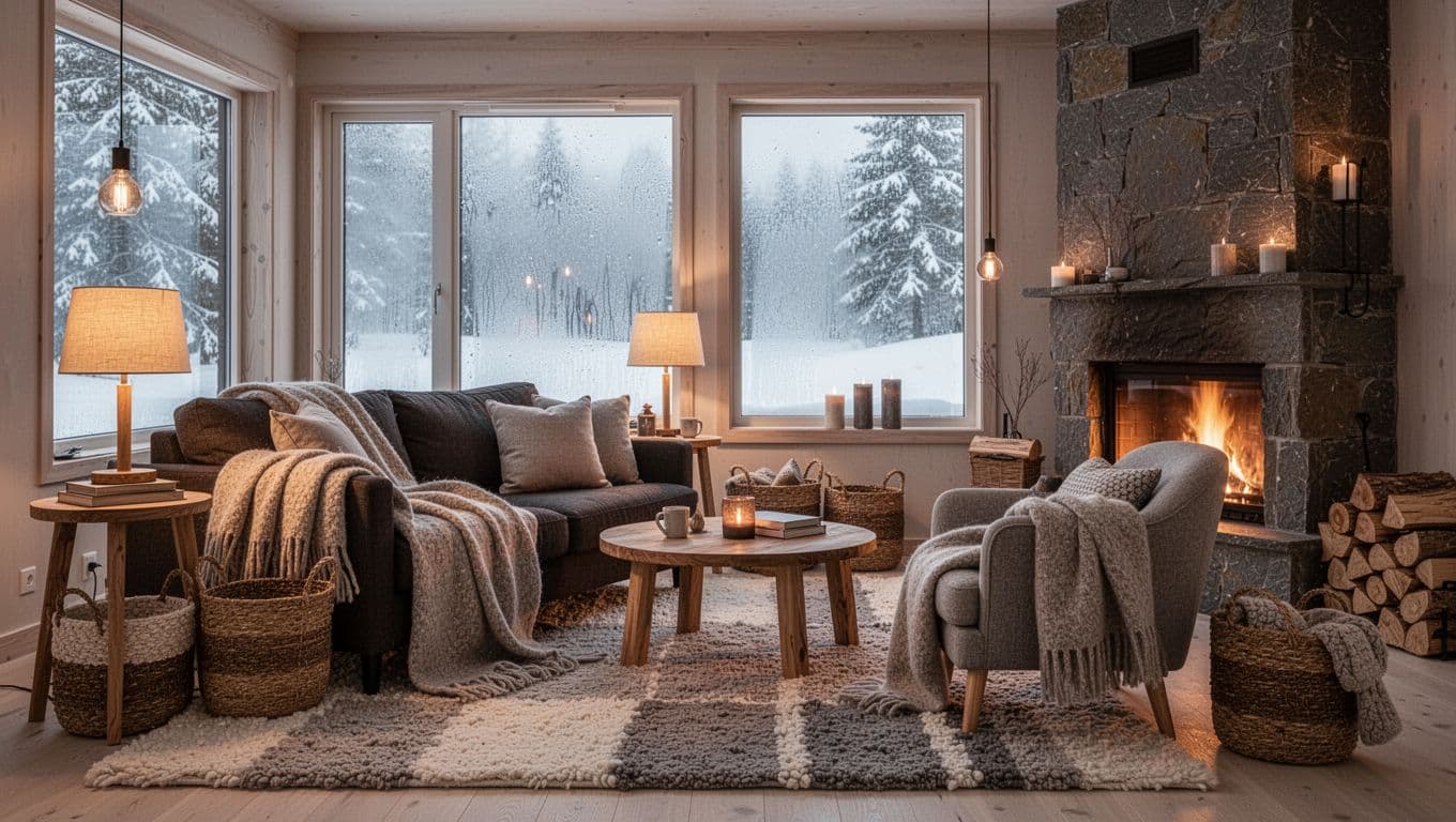 Warm living room with a fireplace, soft throw blankets, layered rugs, and large windows overlooking a snowy landscape.