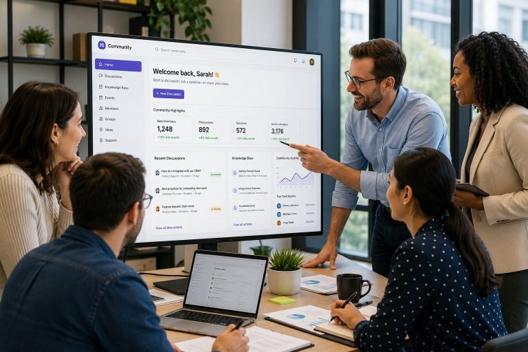 Business team collaborating around a customer community platform dashboard to improve customer engagement and support.