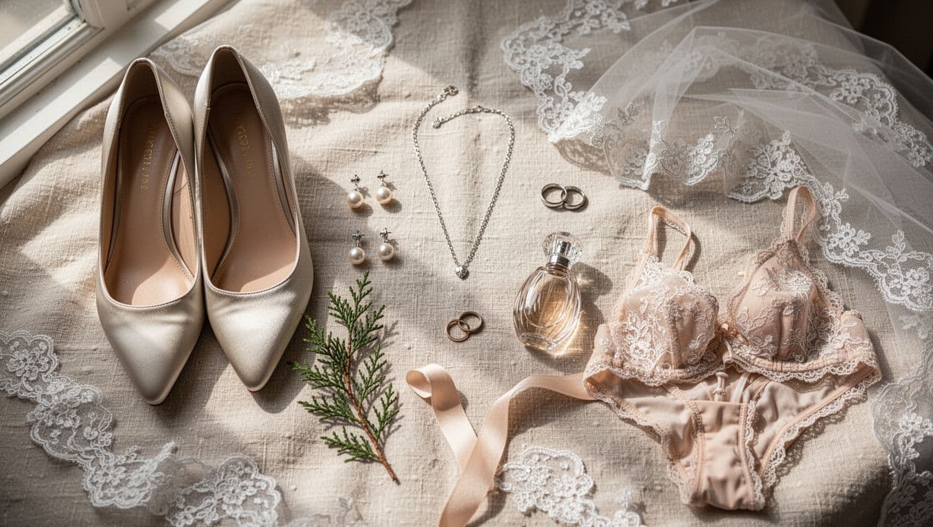 Flat lay of bridal shoes, jewelry, veil, perfume, and wedding accessories.