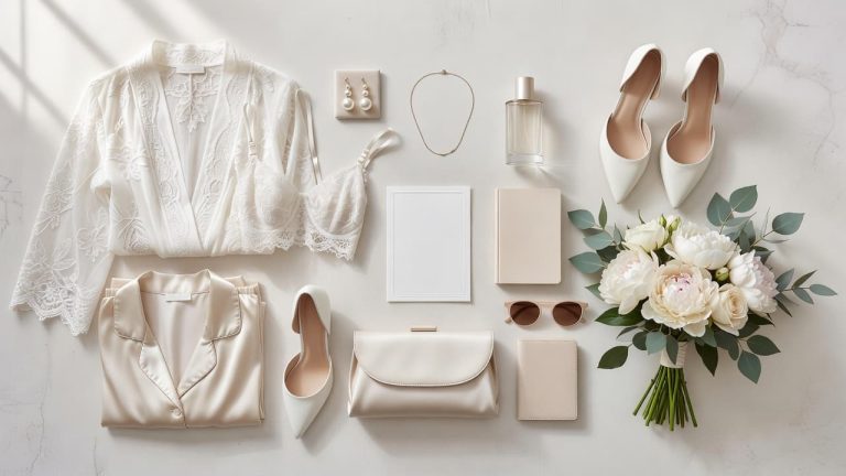 Flat lay of bridal wardrobe essentials including a lace robe, satin pajamas, bridal shoes, jewelry, bouquet, and accessories