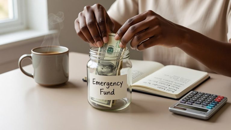 Hands placing cash into a glass jar labeled "Emergency Fund" beside a notebook and calculator.