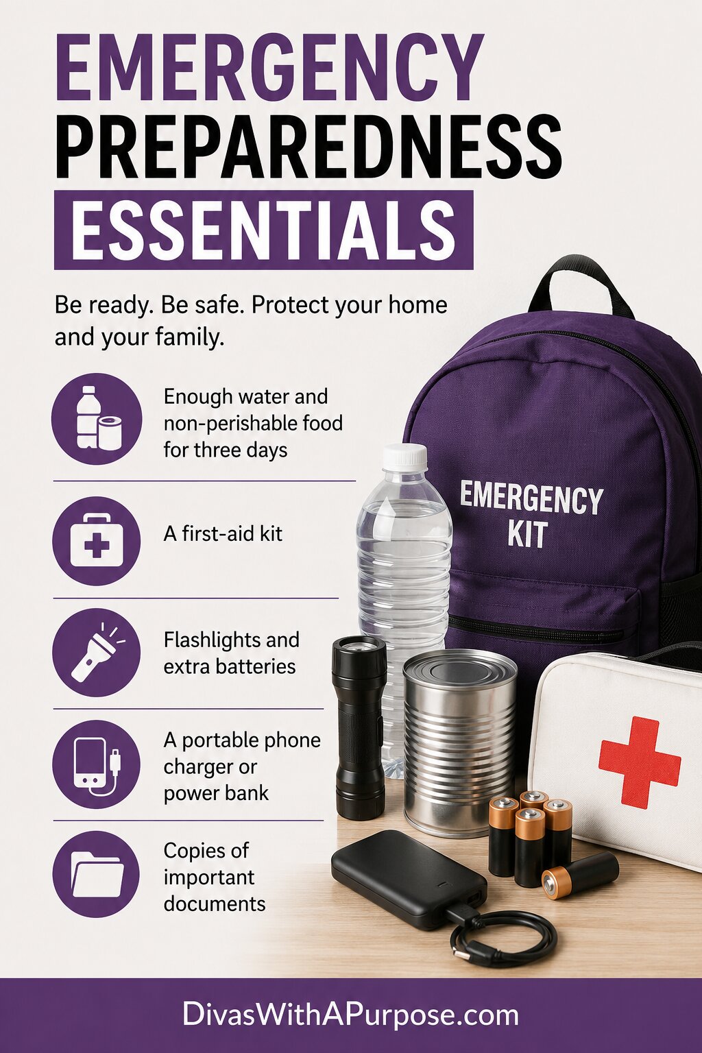 Pinterest infographic showing an emergency preparedness checklist with water, non-perishable food, first-aid kit, flashlight, batteries, portable phone charger, important documents, and the website DivasWithAPurpose.com.