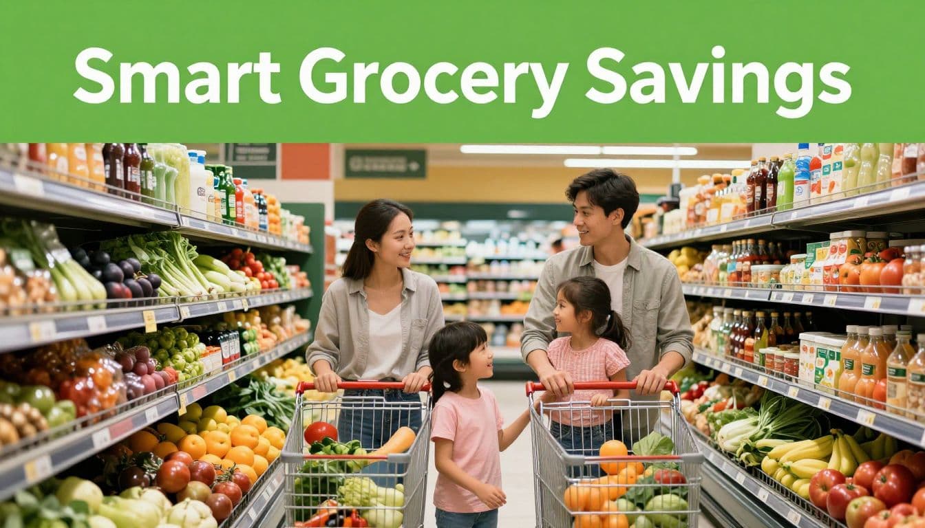 A family of four browsing through fresh produce at a clean, well-organized grocery store.