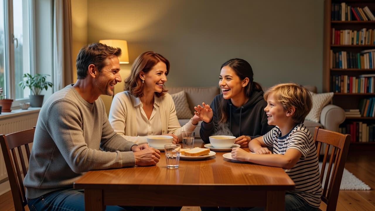 A smiling family gathered around a wooden dining table under warm evening lights.