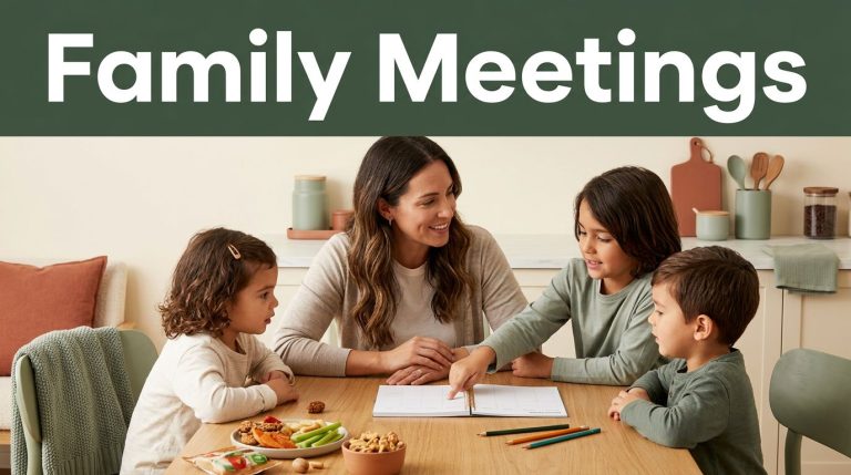 A mother and two children talk around a kitchen table with a planner and snacks.