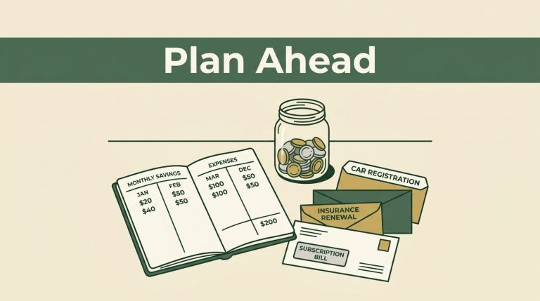 A budget planner notebook, coin jar, and labeled bill envelopes on a cream desk.