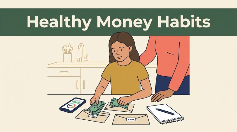 A teenager sorts cash into envelopes at a kitchen table with a parent watching.
