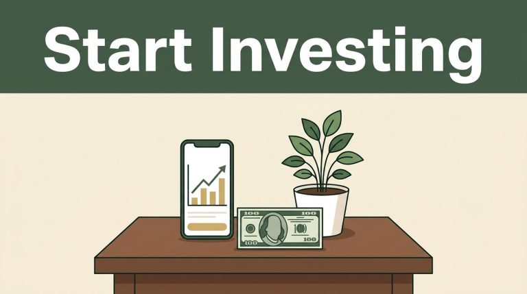 A smartphone showing a stock chart, a hundred dollar bill, and a small potted plant on a walnut desk.
