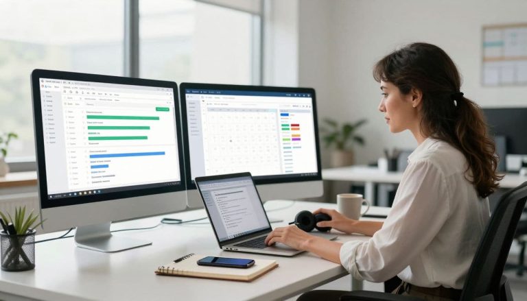 Female entrepreneur using digital business tools to manage projects and clients.