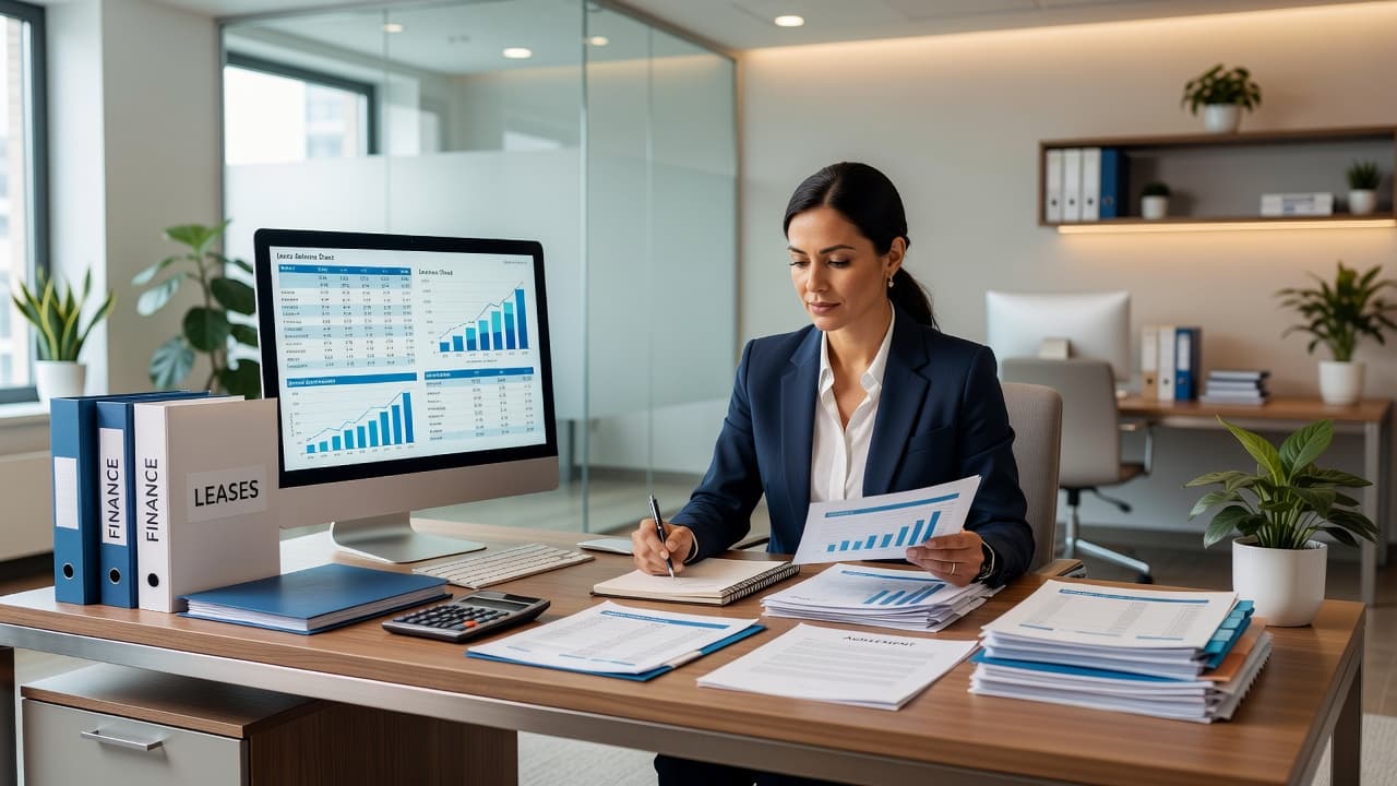 Business owner reviewing financial reports and lease accounting information on a laptop.