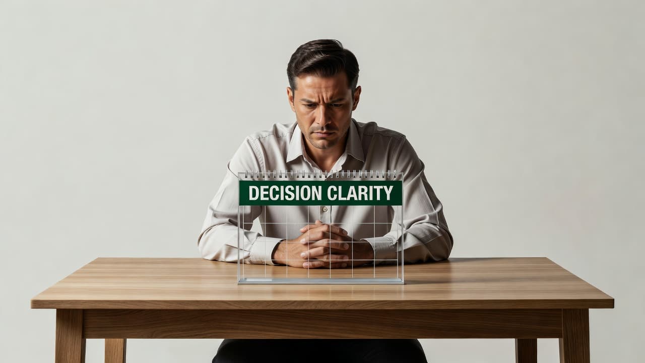 A focused individual sits at a minimalist wooden desk, intently studying a clean wall calendar. The calendar features a bold dark green header labeled Decision Clarity, emphasizing a deliberate planning process.