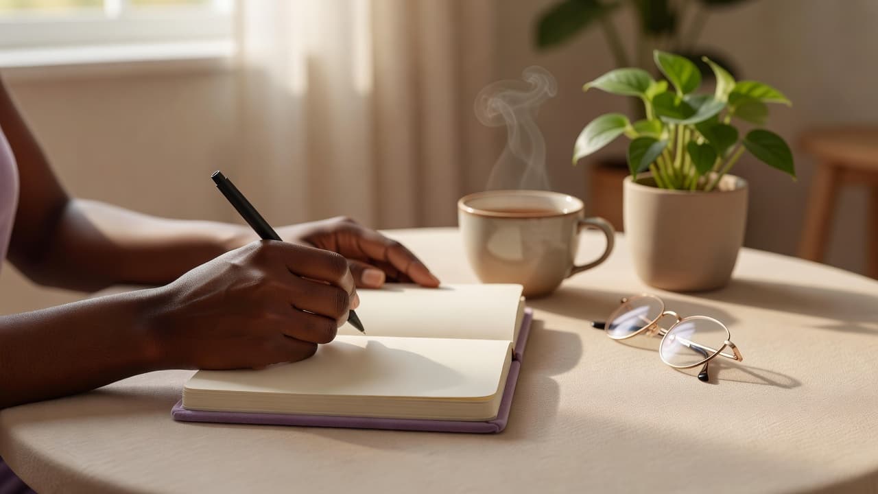 Close-up of someone writing in a journal beside a cup of tea and a small plant.