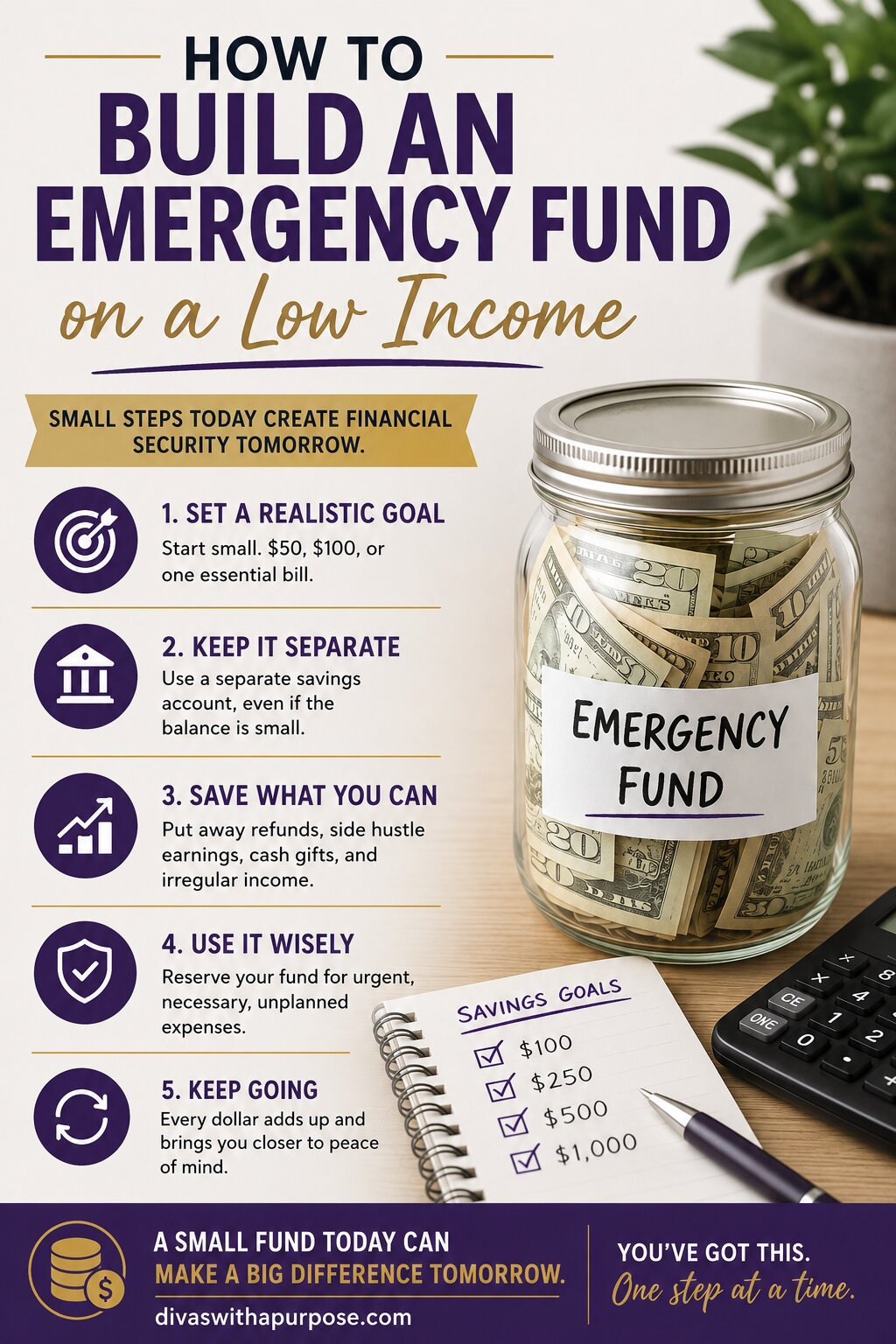 Pinterest infographic titled "How to Build an Emergency Fund on a Low Income" featuring five practical savings tips, an emergency fund jar filled with cash, and the website divaswithapurpose.com.