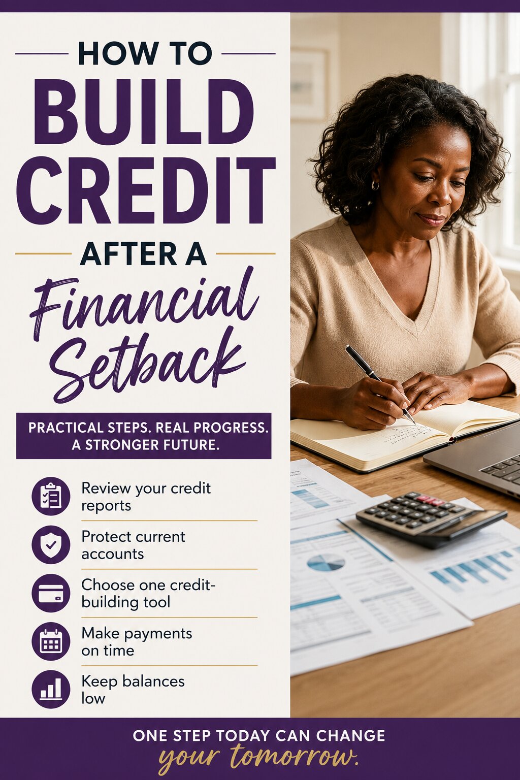 Pinterest graphic titled "How to Build Credit After a Financial Setback" featuring a Black woman reviewing financial documents and practical tips for rebuilding credit through consistent financial habits.