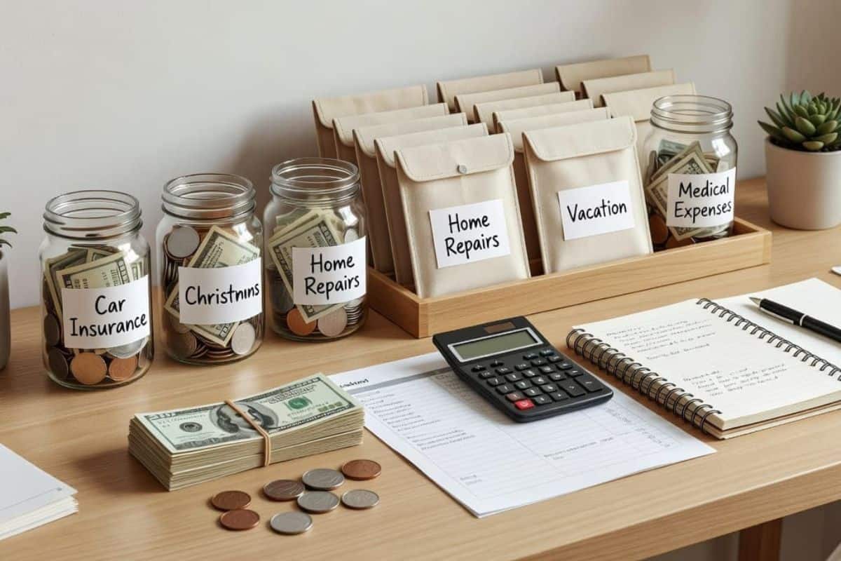 Cash envelopes and savings jars labeled for sinking funds to save for annual expenses like car insurance, home repairs, vacations, and medical bills.