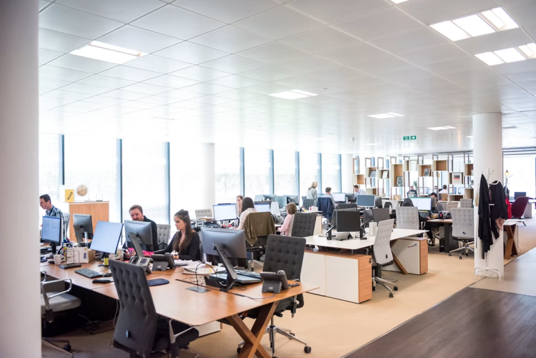Bright, open office workspace with employees working together in a clean, organized environment.