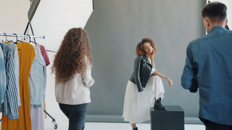 Creative team photographing a model during a brand storytelling content creation session.