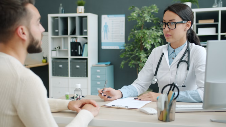 Healthcare professional meeting with a patient during a medical consultation, highlighting a rewarding healthcare career.