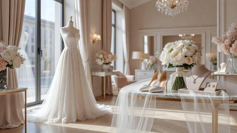 Wedding dress with bridal shoes, veil, bouquet, and accessories in a bridal boutique.