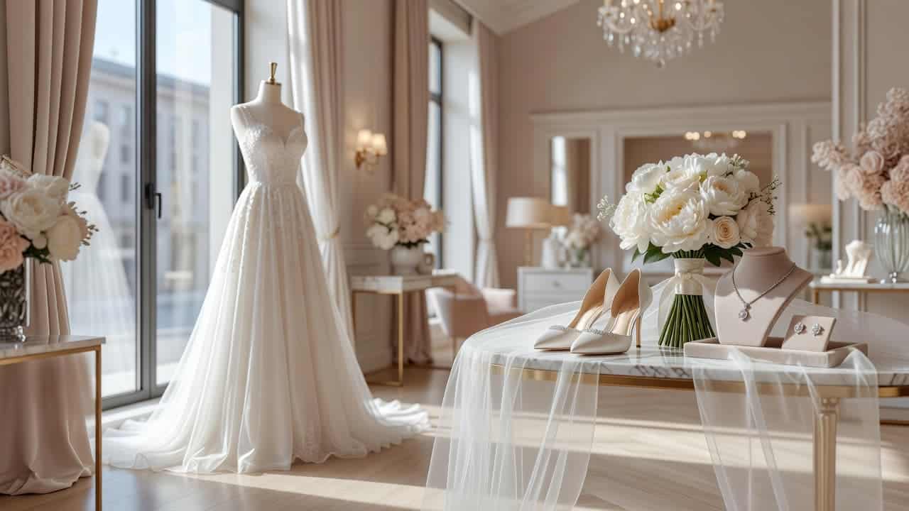 Wedding dress with bridal shoes, veil, bouquet, and accessories in a bridal boutique.