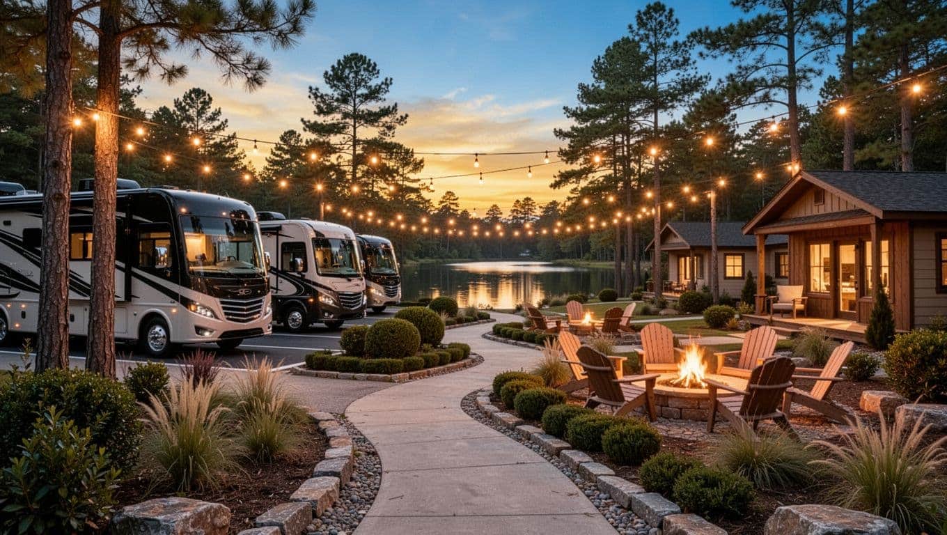 Modern RV resort with cabins, fire pits, and peaceful outdoor spaces for road trip travelers.
