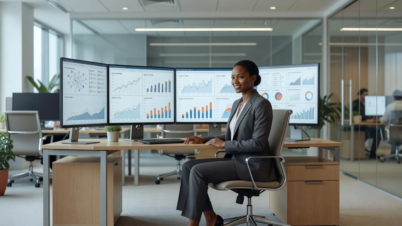 Marketing professional reviewing SEO analytics, backlink reports, and website performance dashboards for a link building campaign.