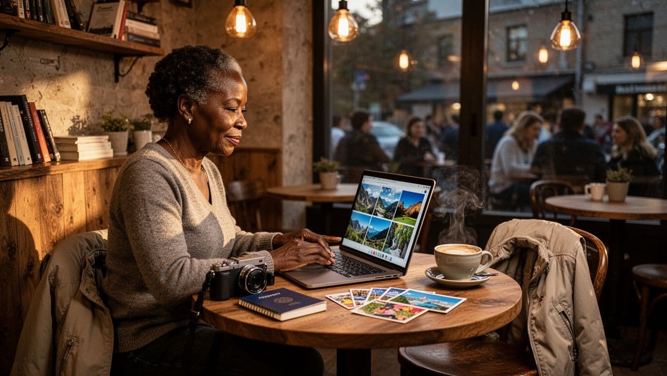 Woman sitting in a cozy café reviewing travel photos on a laptop beside a camera, passport, postcards, and coffee.