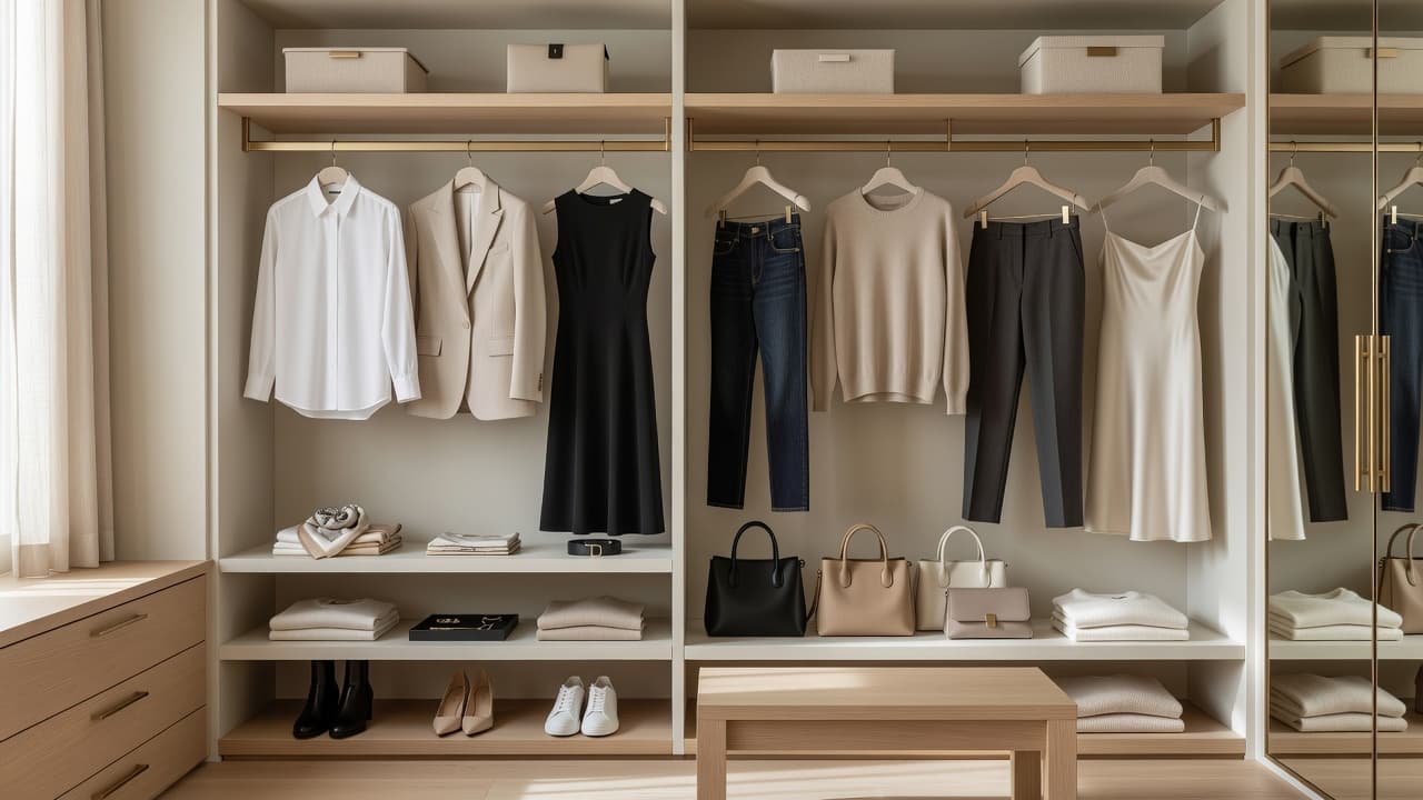 Organized capsule wardrobe featuring versatile clothing, neutral accessories, and timeless wardrobe essentials.