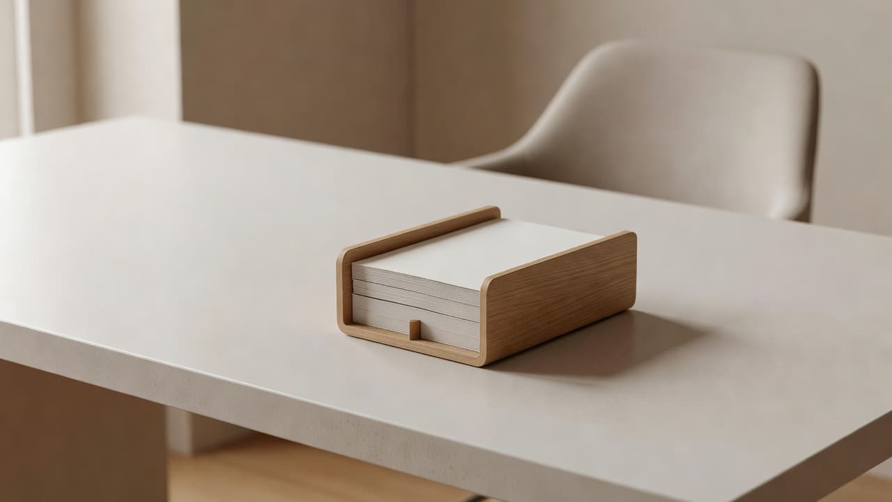 A clean wooden desk surface features a single matte organizer holding neatly stacked white papers. Soft natural light streams from the side, highlighting the clutter-free, efficient workspace and organized desk layout.