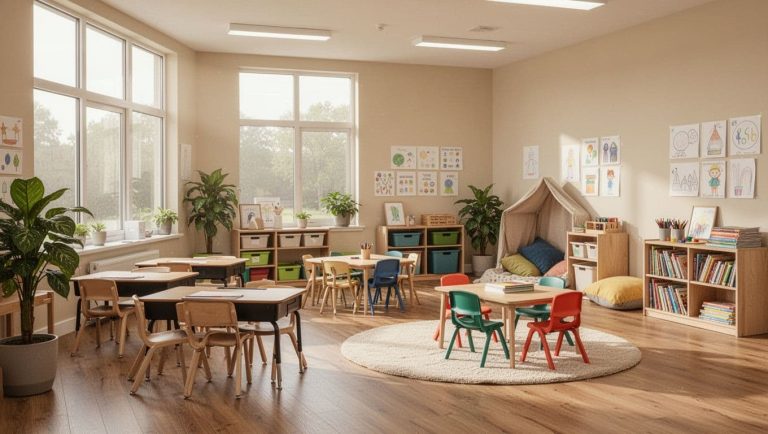 Bright elementary classroom with flexible seating, natural light, reading corner, and organized learning spaces.