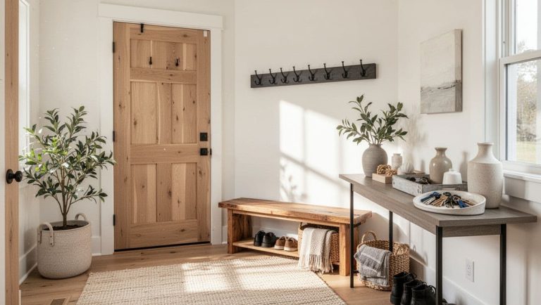Bright home entryway with a wooden bench, wall hooks, console table, woven baskets, and neutral décor.