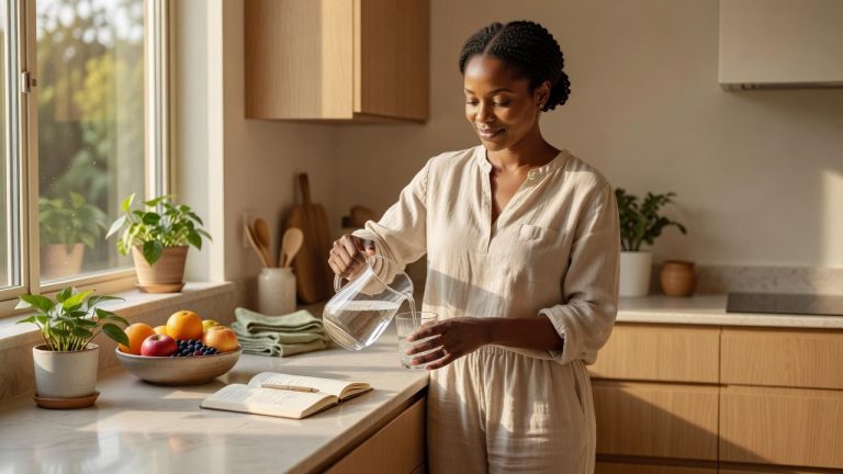 Woman pouring a glass of water in a bright kitchen as part of her daily wellness habits and healthy morning routine.