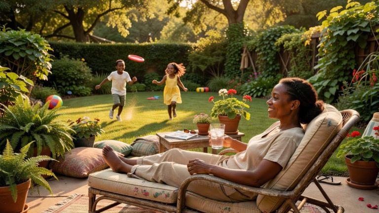 Busy mom relaxing in the backyard while her children play outside during a summer afternoon.