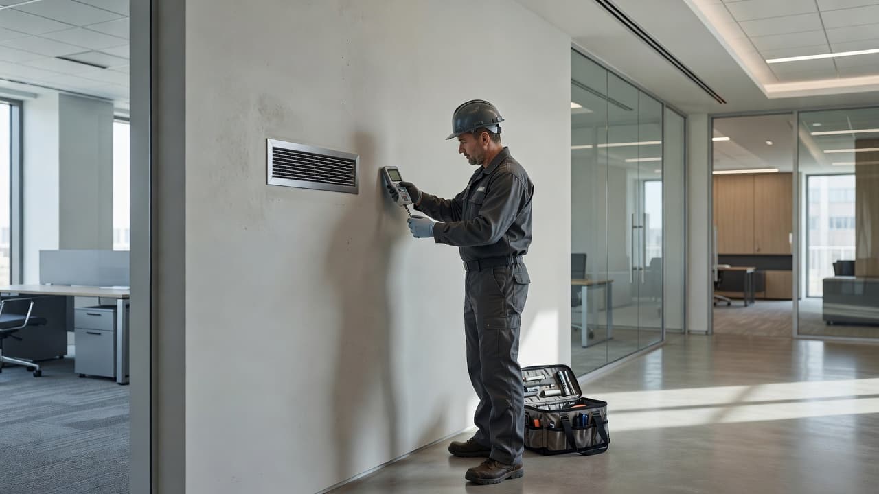 Building maintenance technician using a moisture meter to inspect an office wall near an air vent for hidden moisture.