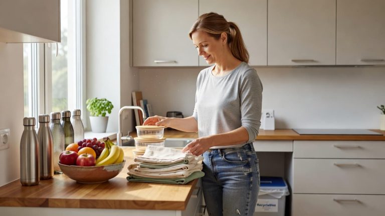 Woman organizing reusable containers and fresh groceries as part of a sustainable living routine.