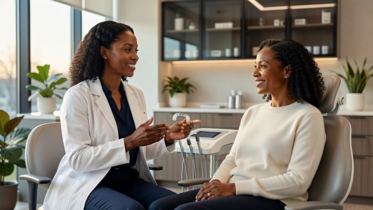Orthodontist explaining Invisalign treatment options to a Black woman during a dental consultation
