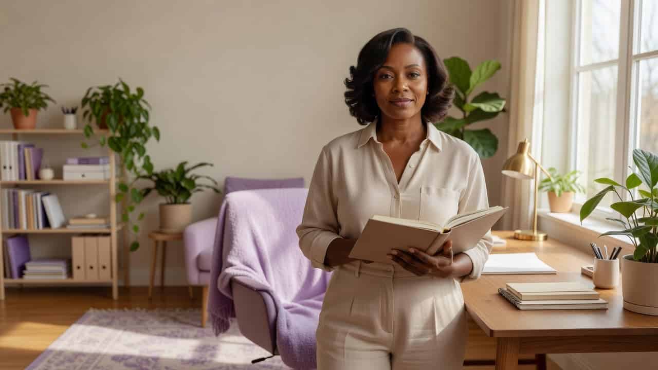 Confident woman standing in a peaceful home office, symbolizing healthy boundaries and self-confidence.
