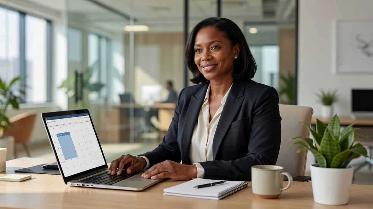 Professional woman reviewing her calendar while working in a modern office.