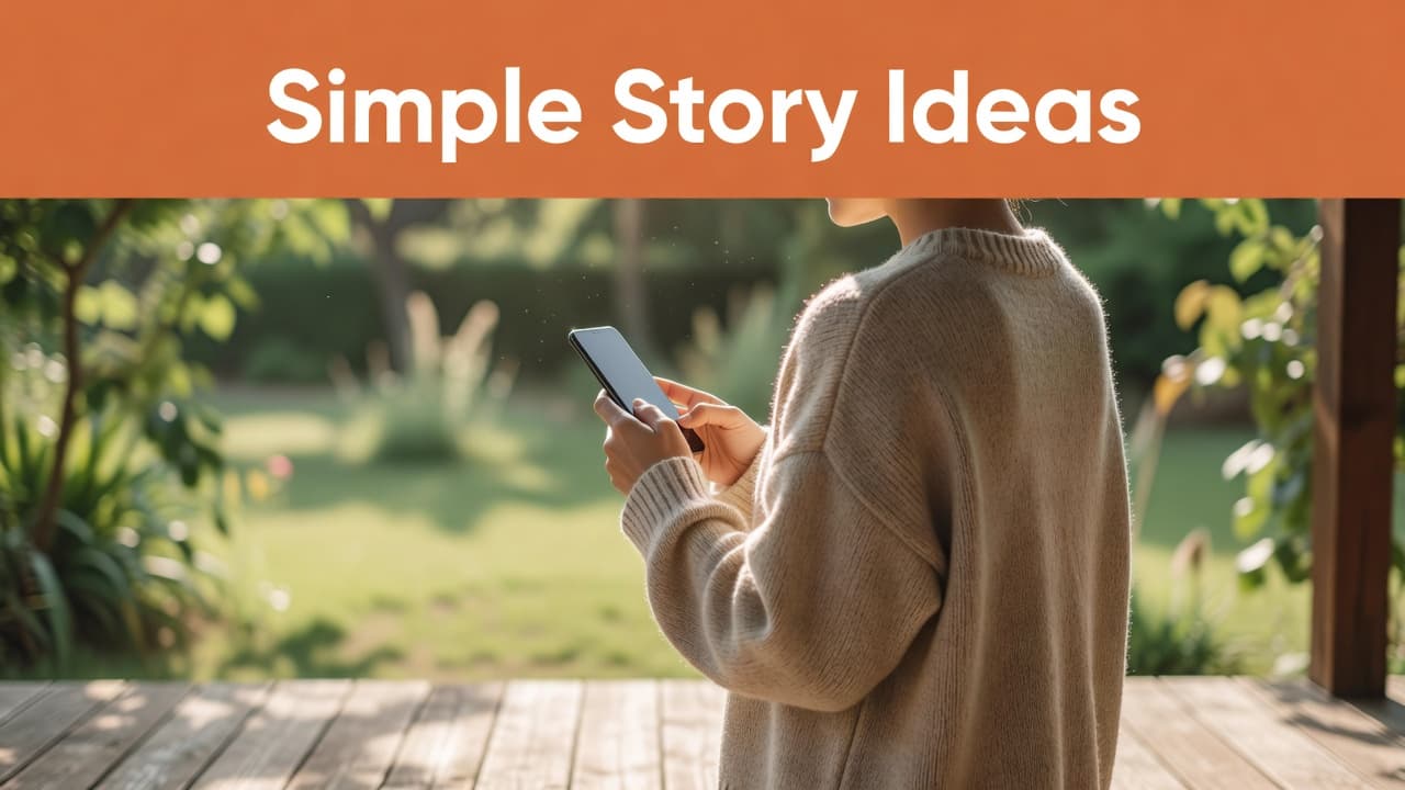 A person holds a modern smartphone outdoors under soft sunlight, creating a cozy and inviting atmosphere. The clean, minimal composition emphasizes a low-pressure approach to digital storytelling and creative social sharing.