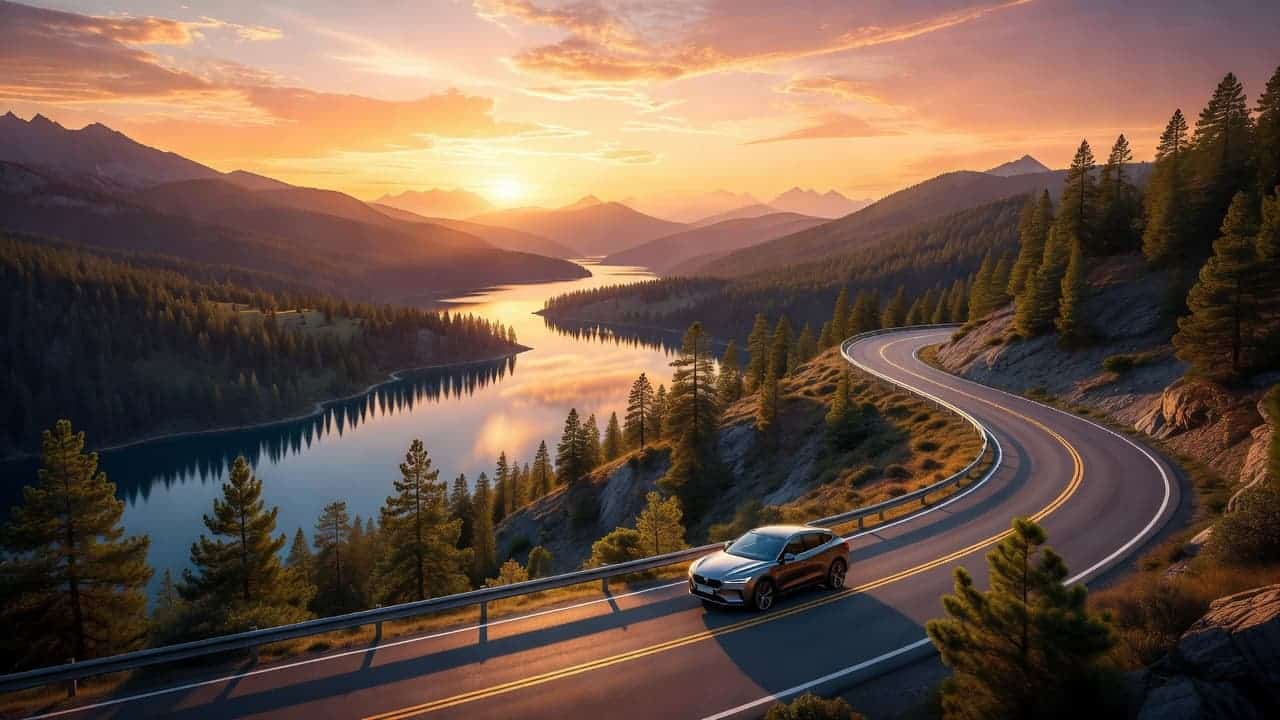 SUV driving along a scenic mountain highway during a road trip at sunset.