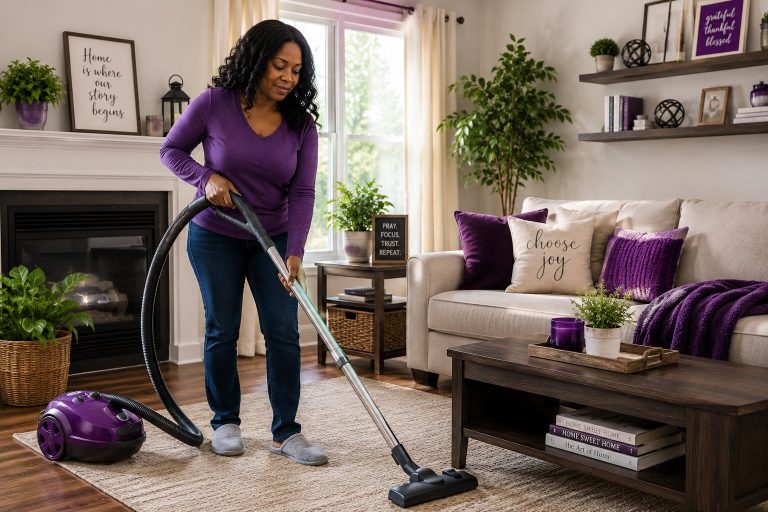 Homeowner vacuuming a bright, clean living space as part of a seasonal home maintenance routine.