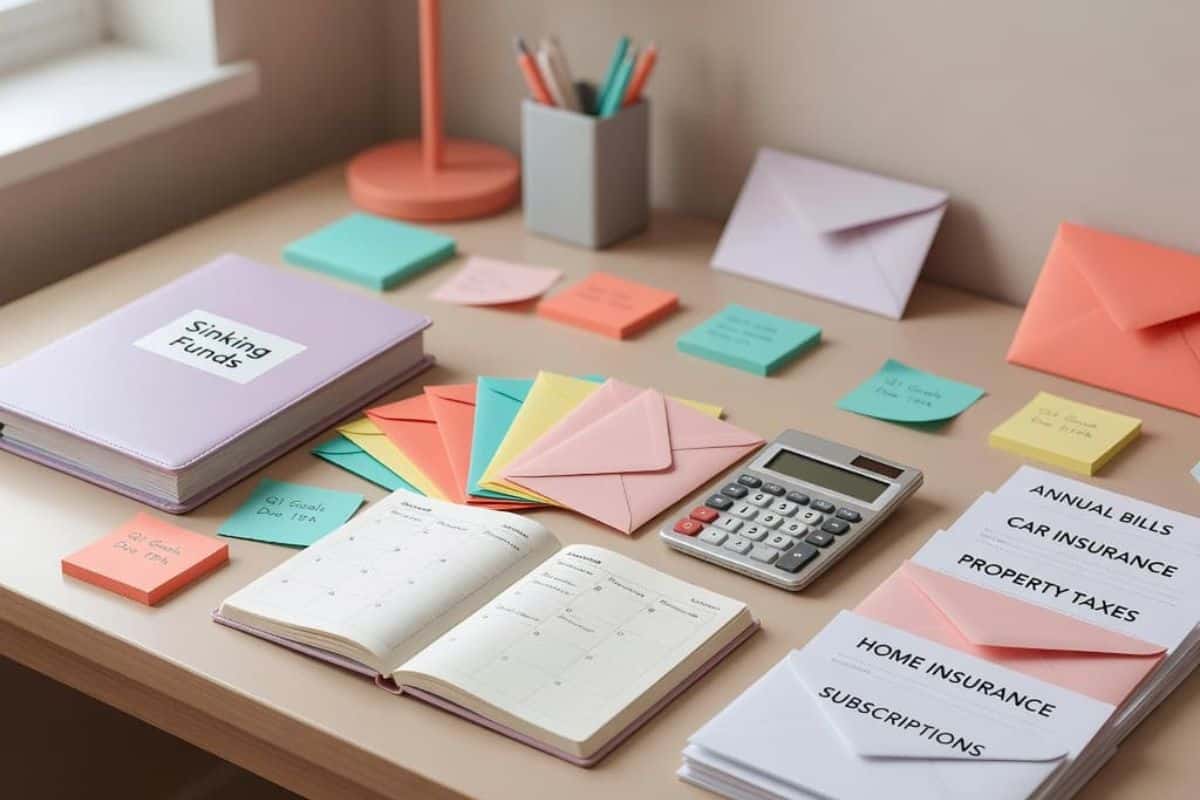 Budget planner with sinking funds binder, cash envelopes, calculator, planner, and annual bills organized for budgeting