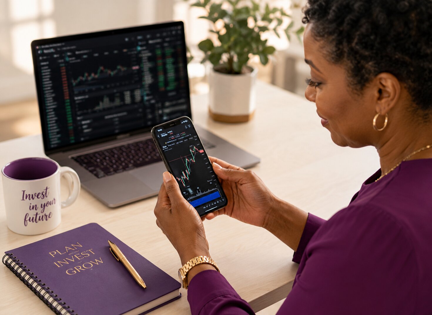 Woman reviewing investment charts on her smartphone while working at a laptop in a bright home office.
