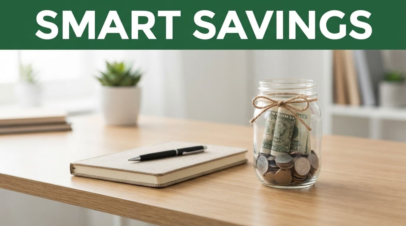 Minimalist desk with a notebook and savings jar beneath a dark green header.