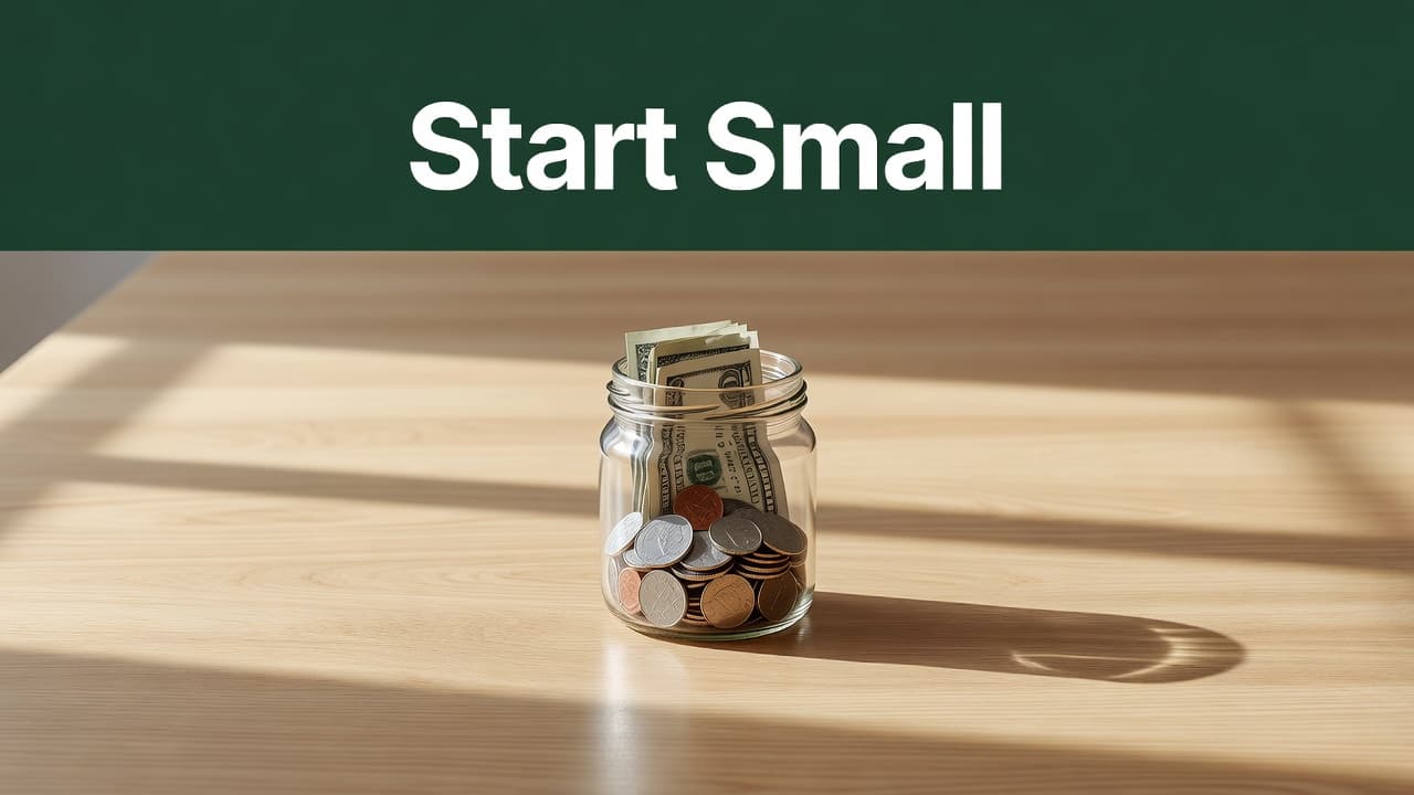 A glass jar with cash and coins sits on a wooden table with a green banner reading Start Small.